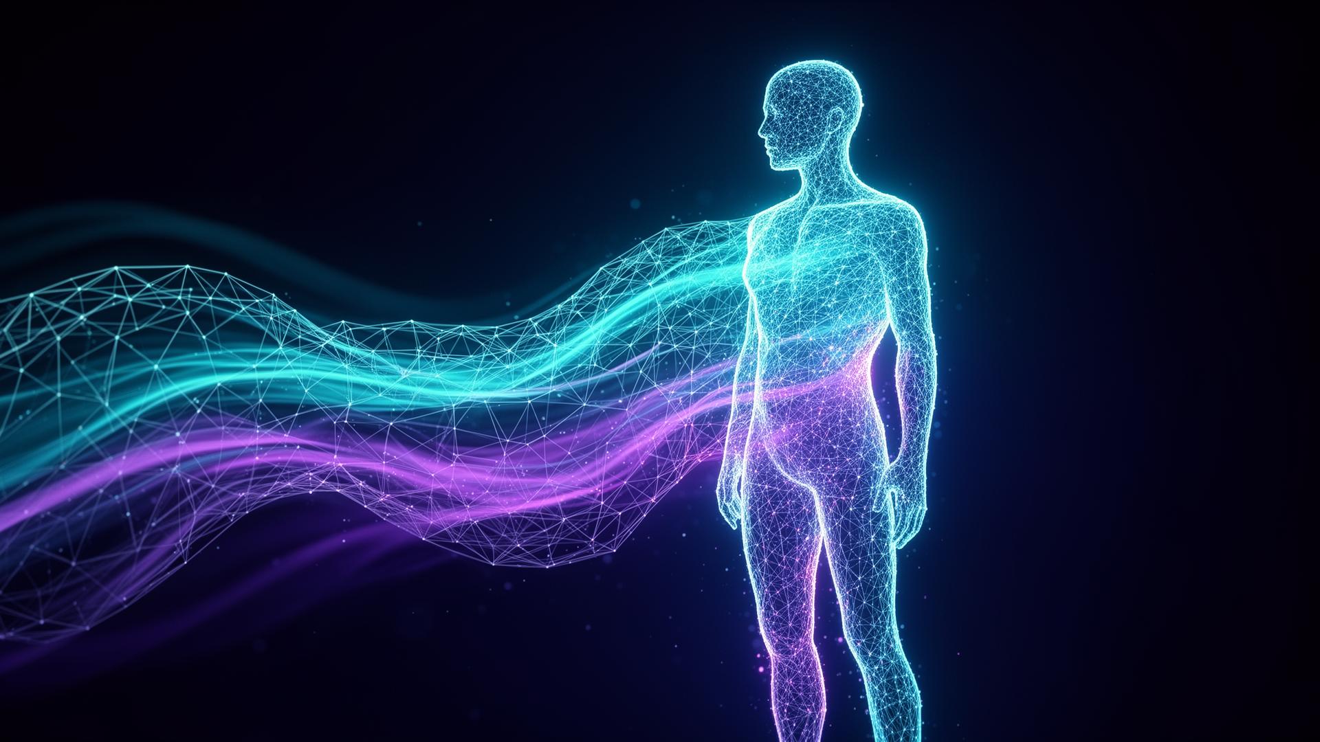 Abstract AI neural network merging into a human silhouette